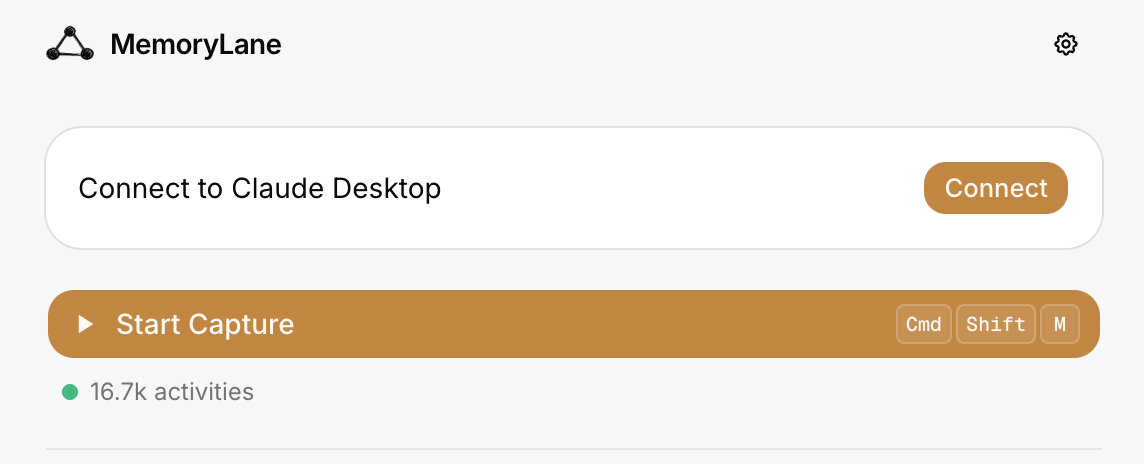 MemoryLane showing the Connect to Claude Desktop button