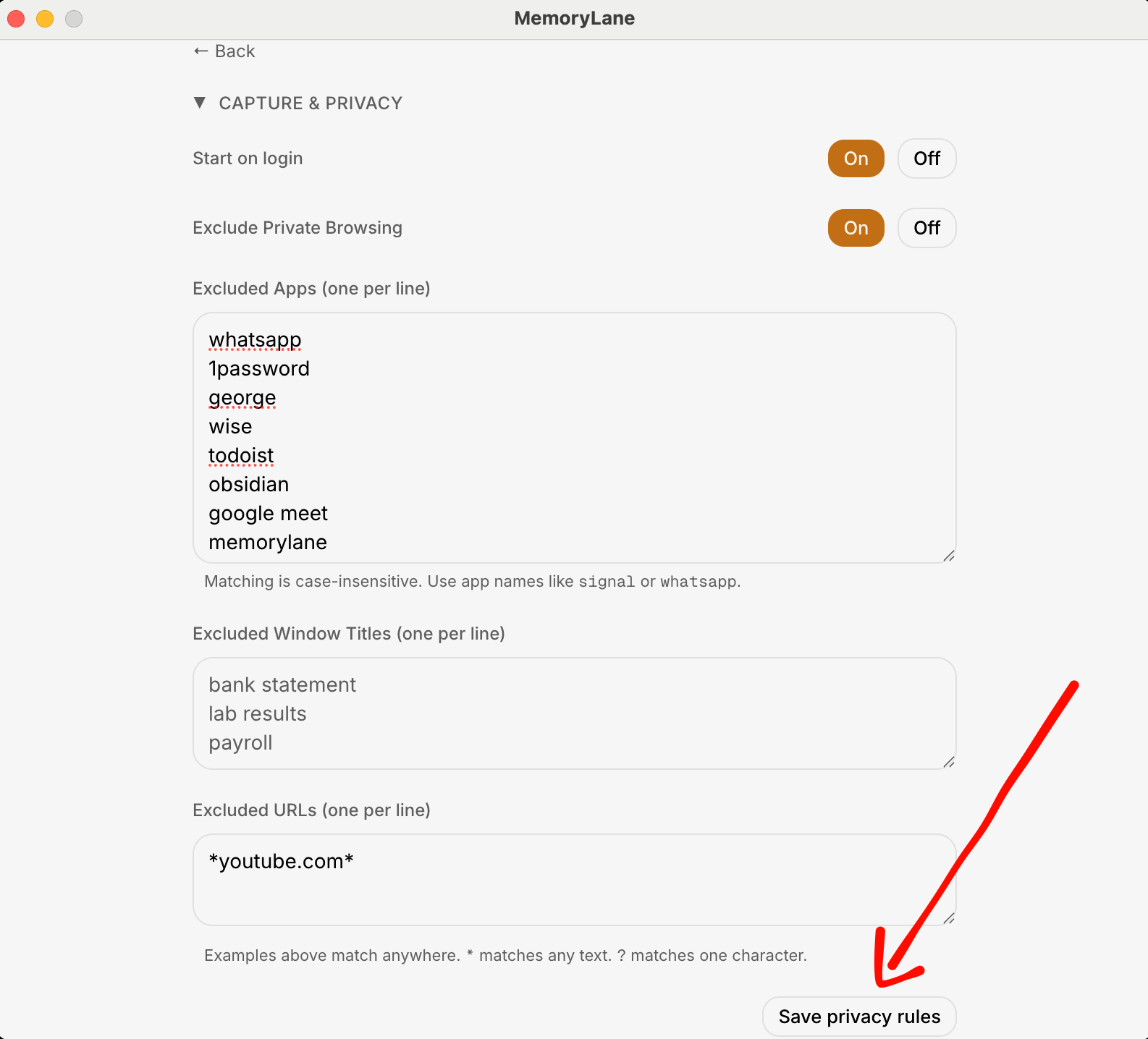 Capture and Privacy settings showing excluded apps, window titles, and URLs