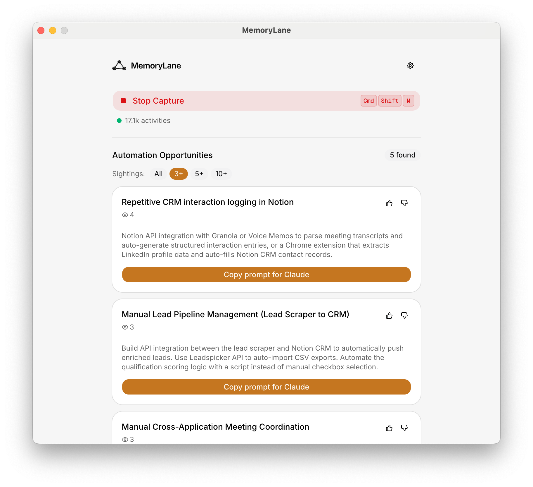 MemoryLane running on Mac showing captured activities and automation opportunities