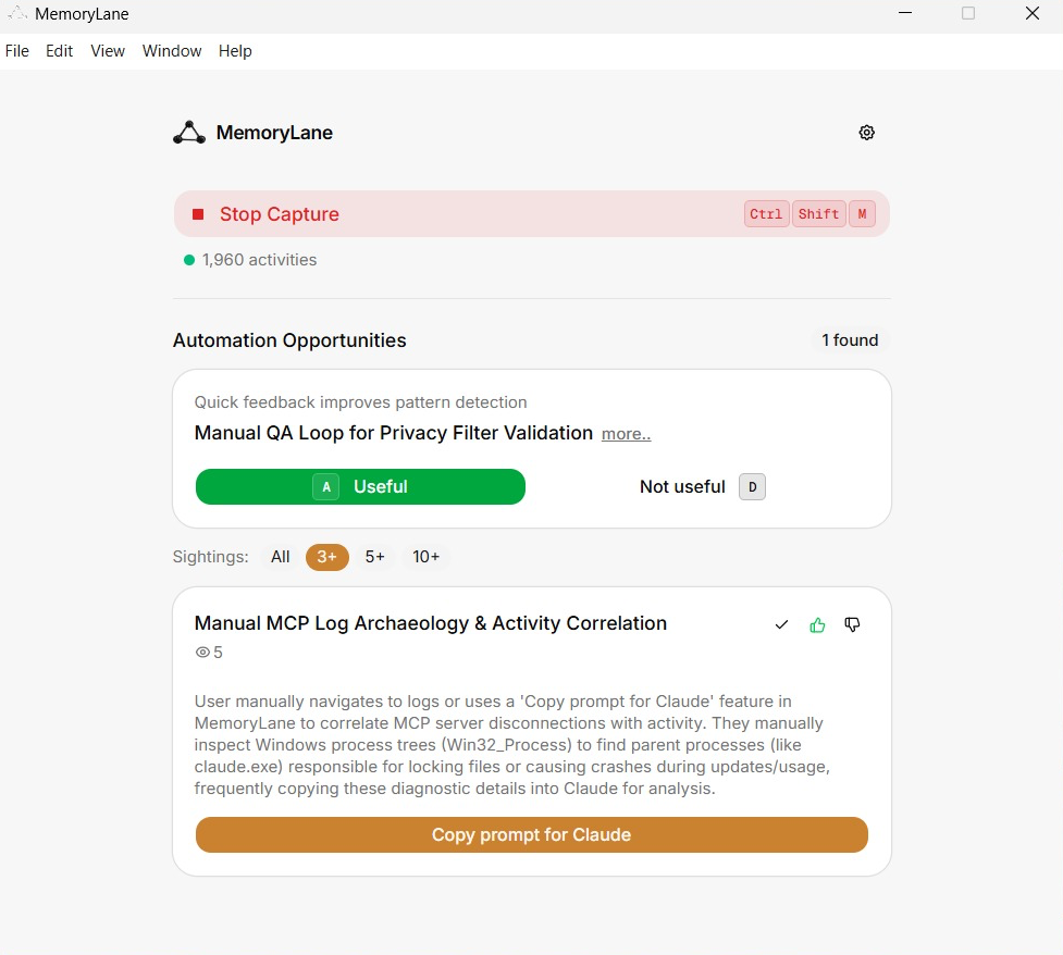MemoryLane running on Windows showing captured activities and automation opportunities